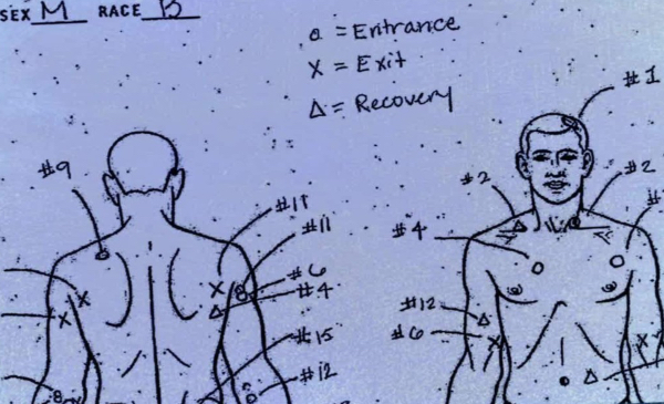 A graphic illustration with results of the autopsy of Laquan McDonald after being shot and killed by Chicago Police.